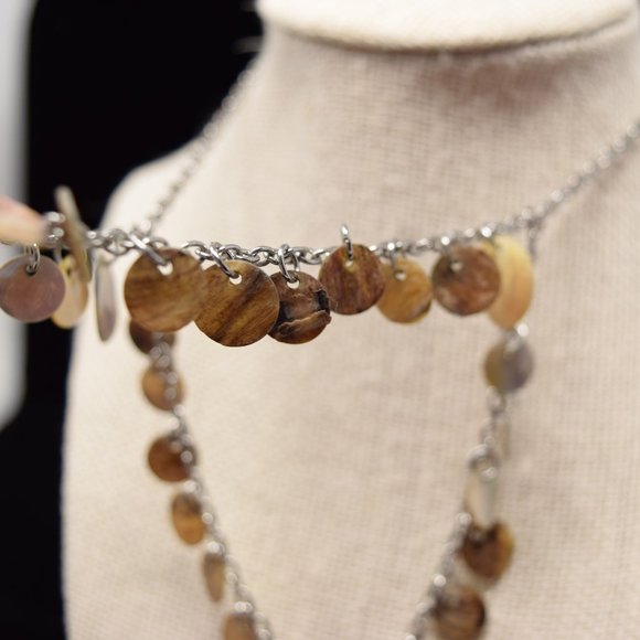 Reversible Double Layer Shell Round Disc Necklace Abalone Silvertone - Picture 6 of 12